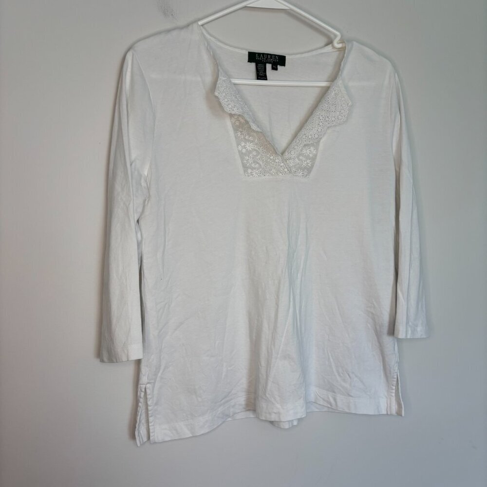 LAUREN RALPH LAUREN Petite V-Neck Tunic Womens PL White 3/4 Sleeve Lace